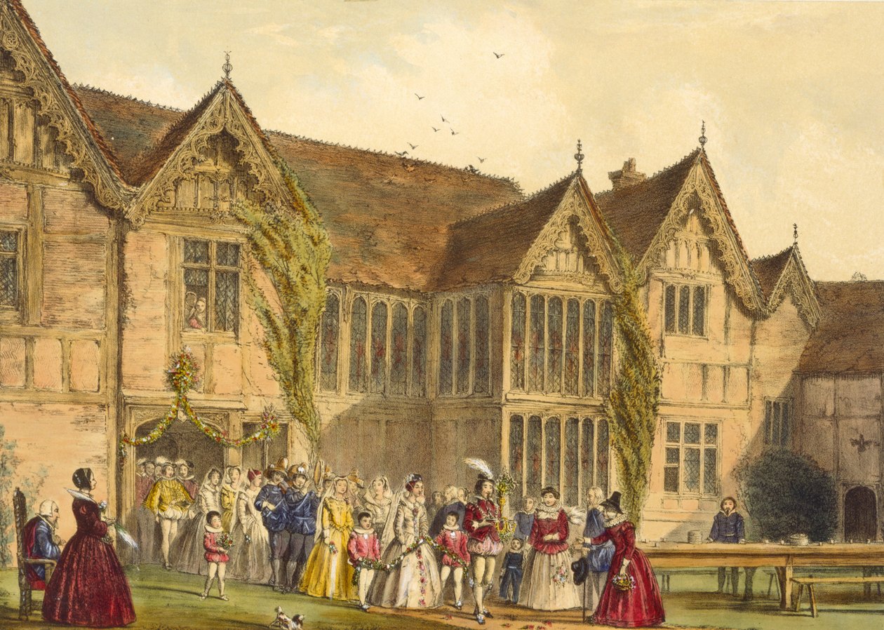 Bröllop på landet, Ockwells Manor i Berkshire, ca 1600, från "Architecture of the Middle Ages", 1838 av Joseph Nash