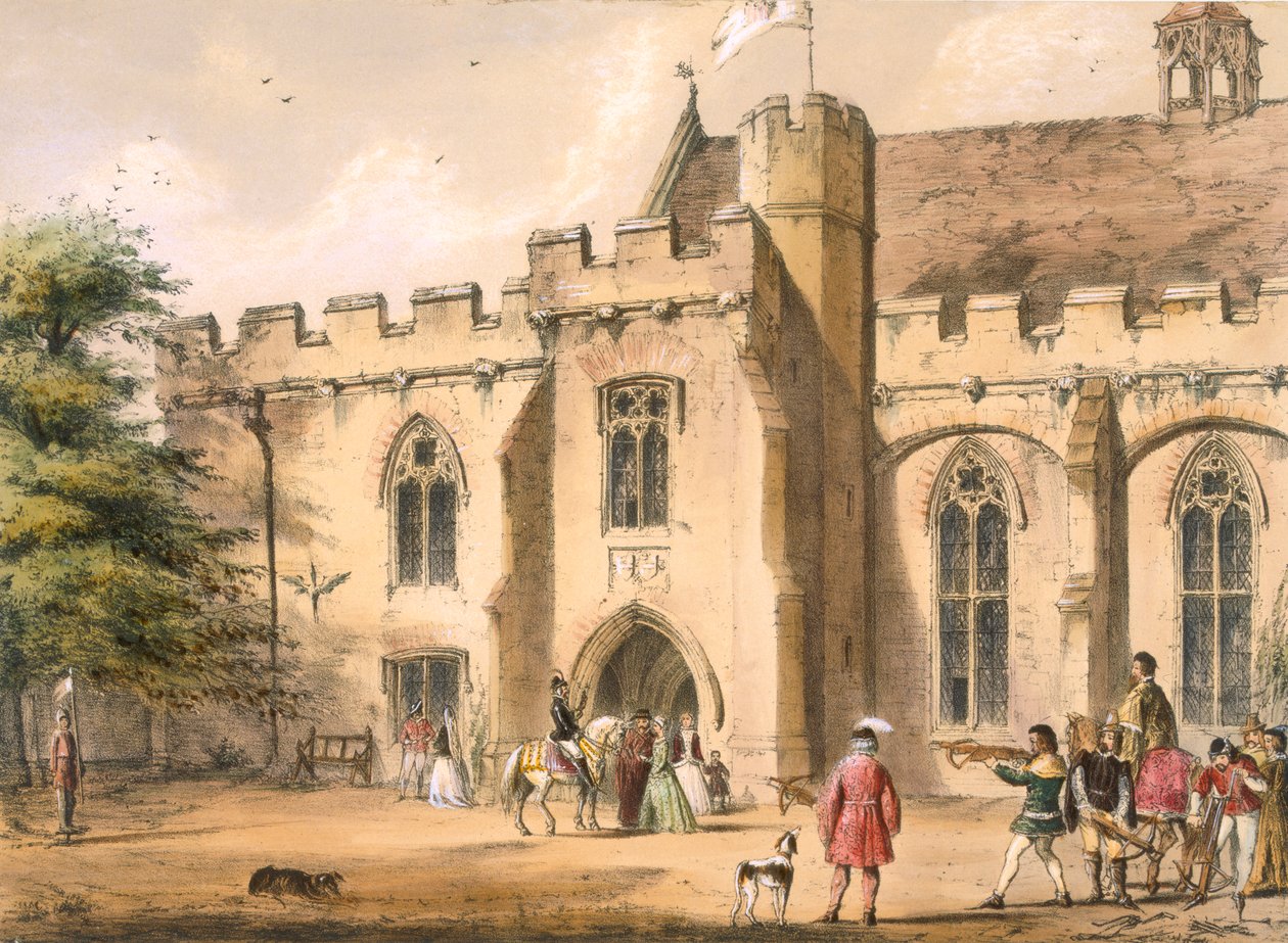 Armborstövning i Penhurst Place, Kent, på 1600-talet, från "Architecture of the Middle Ages", publicerad 1838. av Joseph Nash