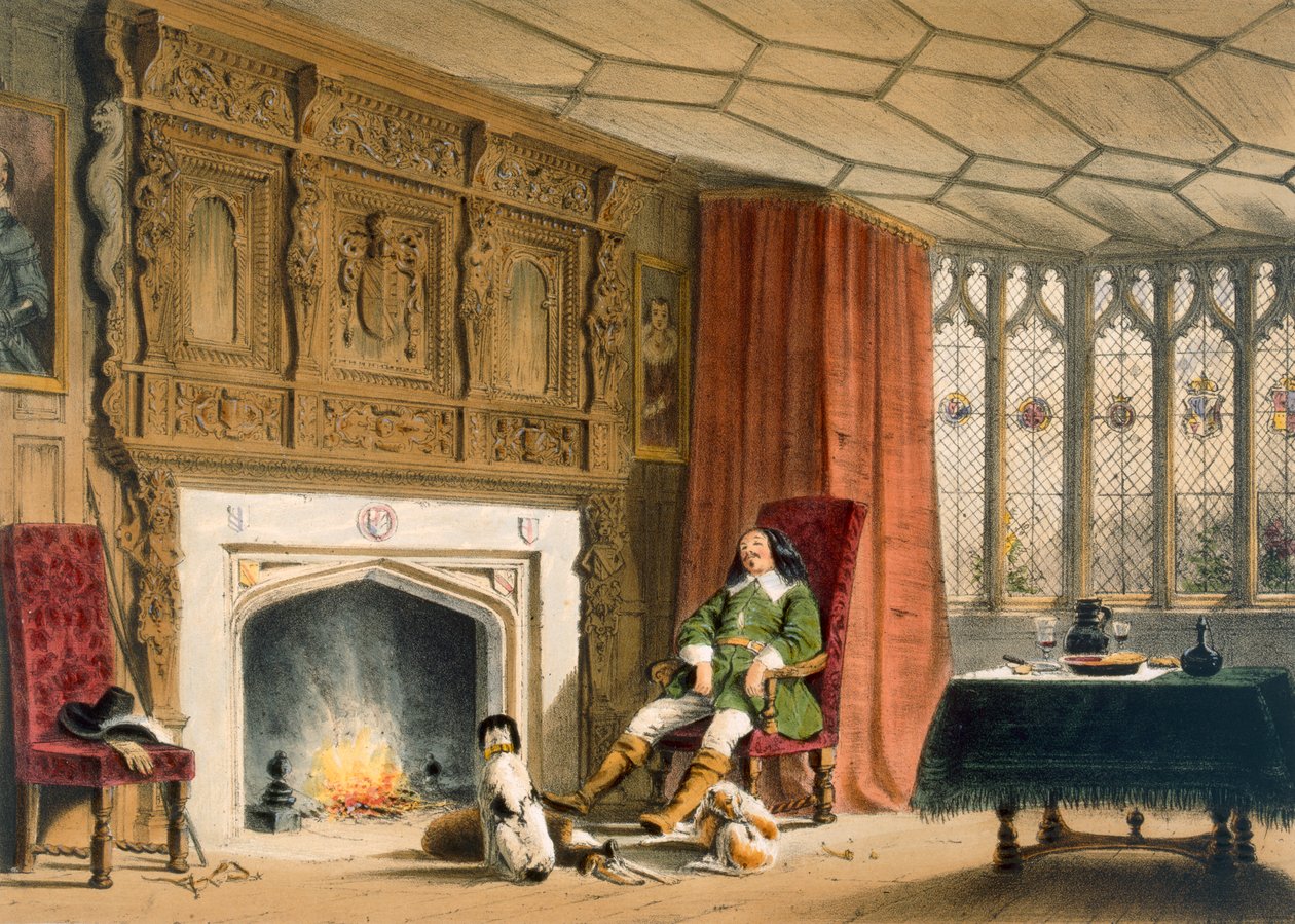 Squire med sina hundar vid härden, Southam Delabere, Gloucestershire, från 