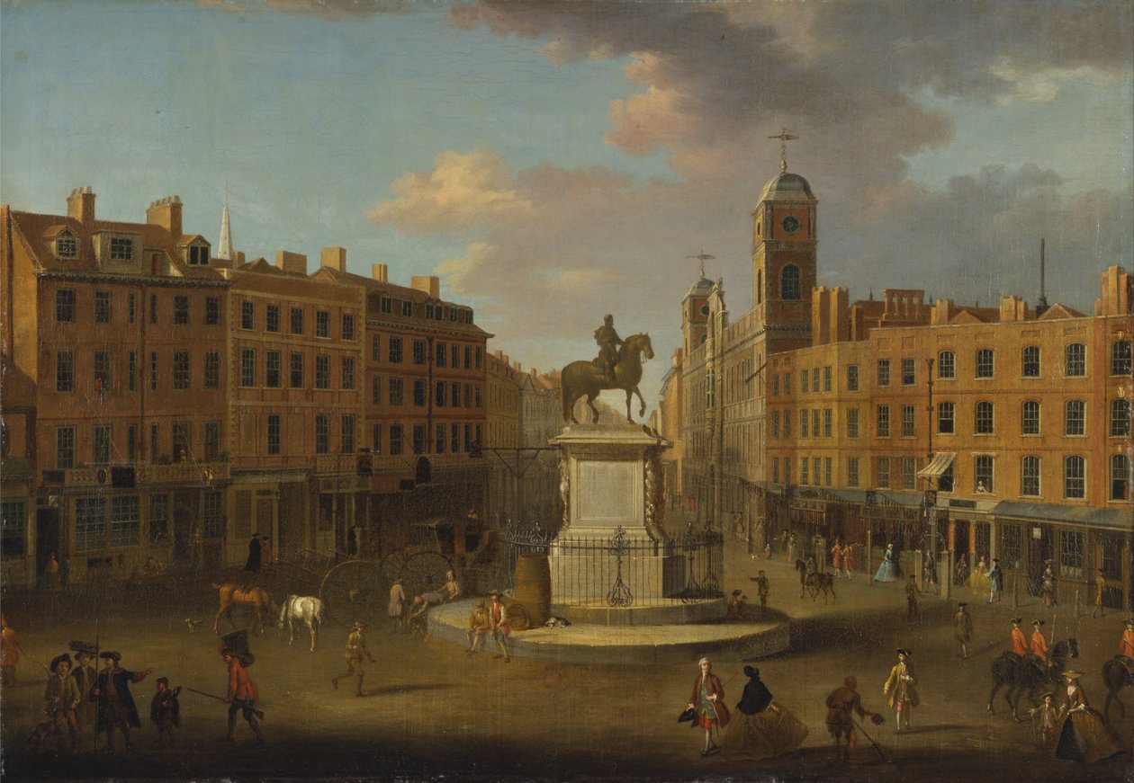 Charing Cross, med statyn av kung Charles I och Northumberland House av Joseph Nickolls