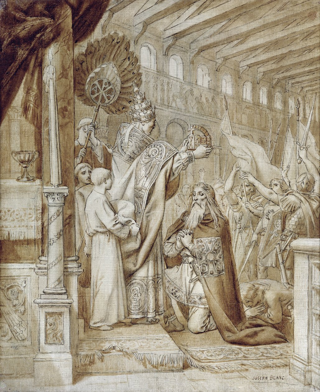 Kröning av Karl den Store (742-814) (penna och bläck på duk) av Joseph Paul Blanc