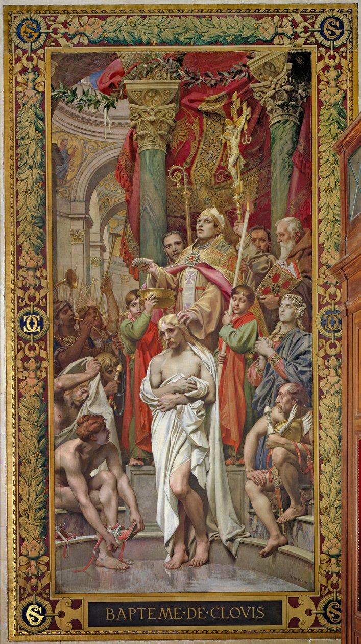 Clovis I:s dop (465-511) 496 f.Kr., från höger tvärskepp (väggmålning) av Joseph Paul Blanc