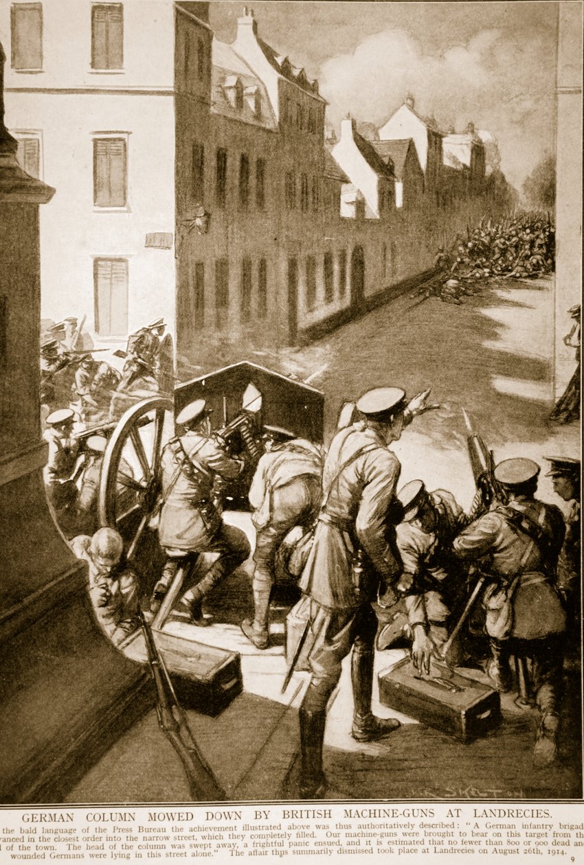 Tysk kolonn mejas ner av brittiska maskingevär vid Landrecies av Joseph Ratcliffe Skelton