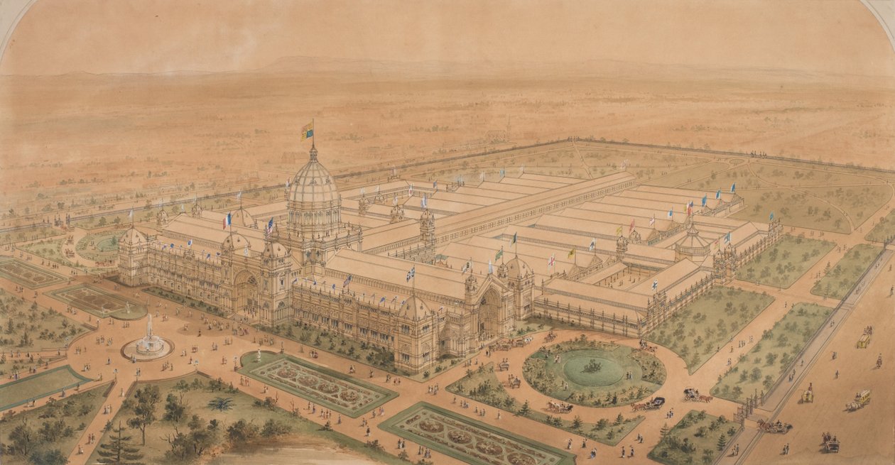 Utställningsbyggnaden Melbourne 1880, från sydöst visar huvudhallen av Joseph Reed
