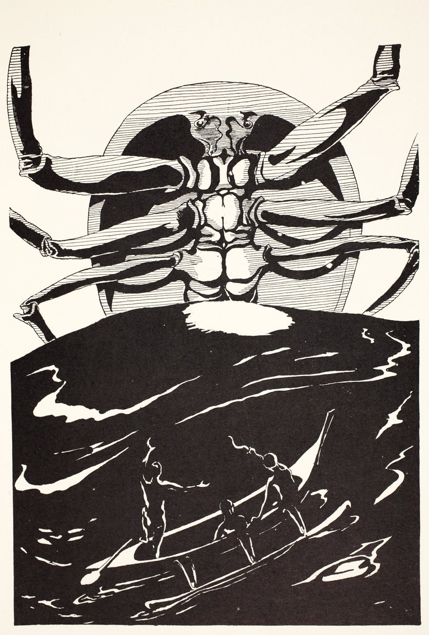 Krabban Pau Amma stiger upp ur havet lika hög som röken från tre vulkaner, illustration från "Just So Stories for Little Children" av Rudyard Kipling, pub. London, 1951 av Joseph Rudyard Kipling