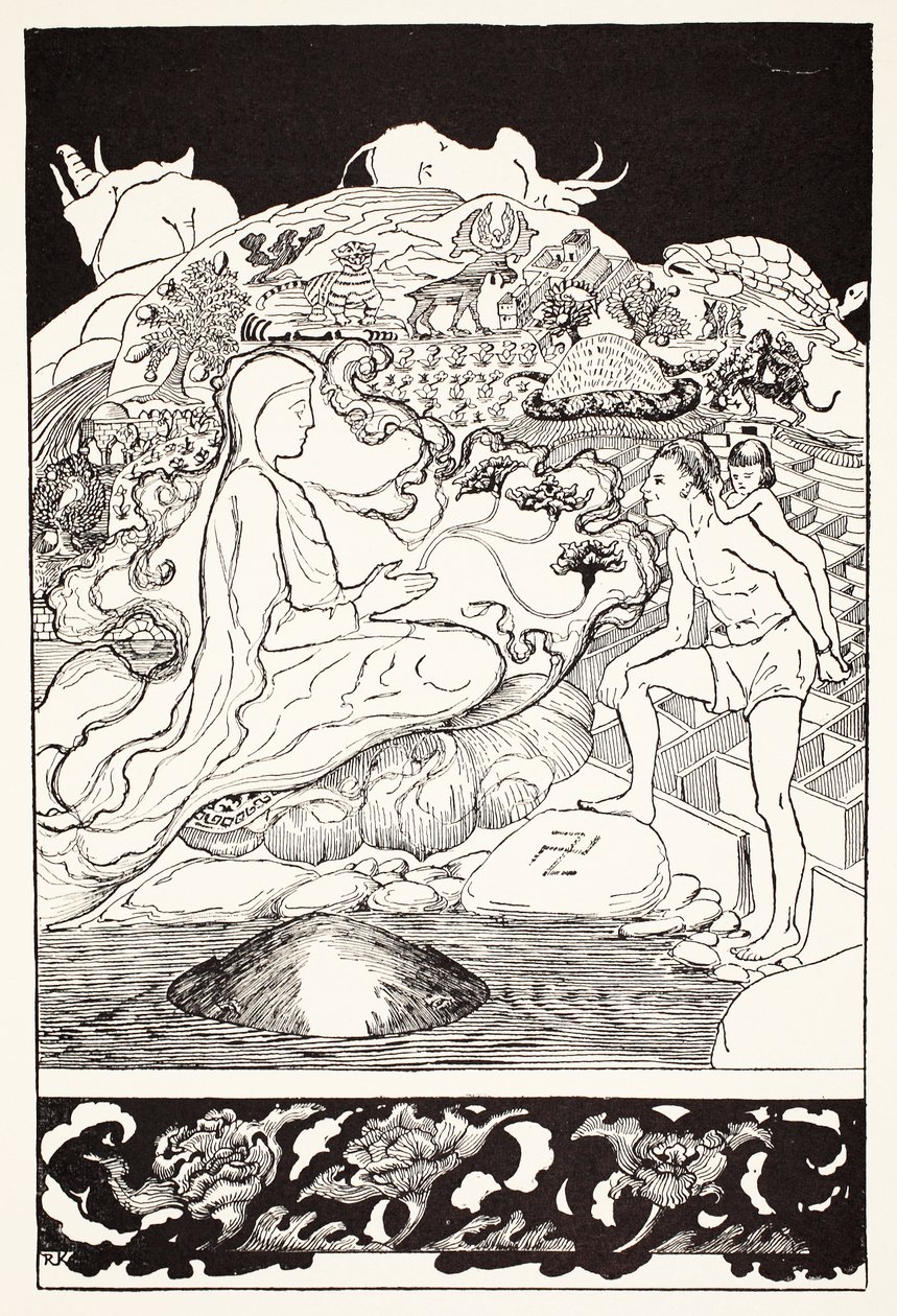Krabban Pau Amma sprang iväg medan den äldsta trollkarlen pratade med mannen och hans lilla flickdotter, illustration från "Just So Stories for Little Children" av Rudyard Kipling, pub. London, 1 av Joseph Rudyard Kipling