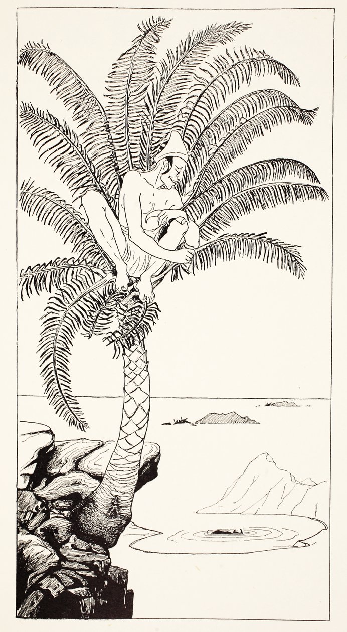 Pestonjee Bomanjee som sitter i sin palm och tittar på när noshörningsstorkarna badar, illustration från "Just So Stories for Little Children" av Rudyard Kipling, pub. London, 1951 av Joseph Rudyard Kipling