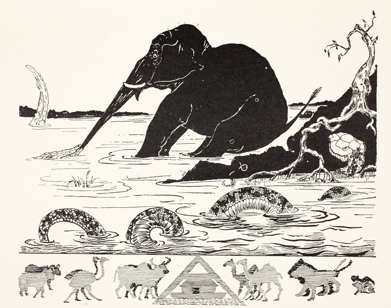 Elefantbarnet som får sin näsa dragen av krokodilen, illustration från "Just So Stories for Little Children" av Rudyard Kipling, pub. London, 1951. av Joseph Rudyard Kipling