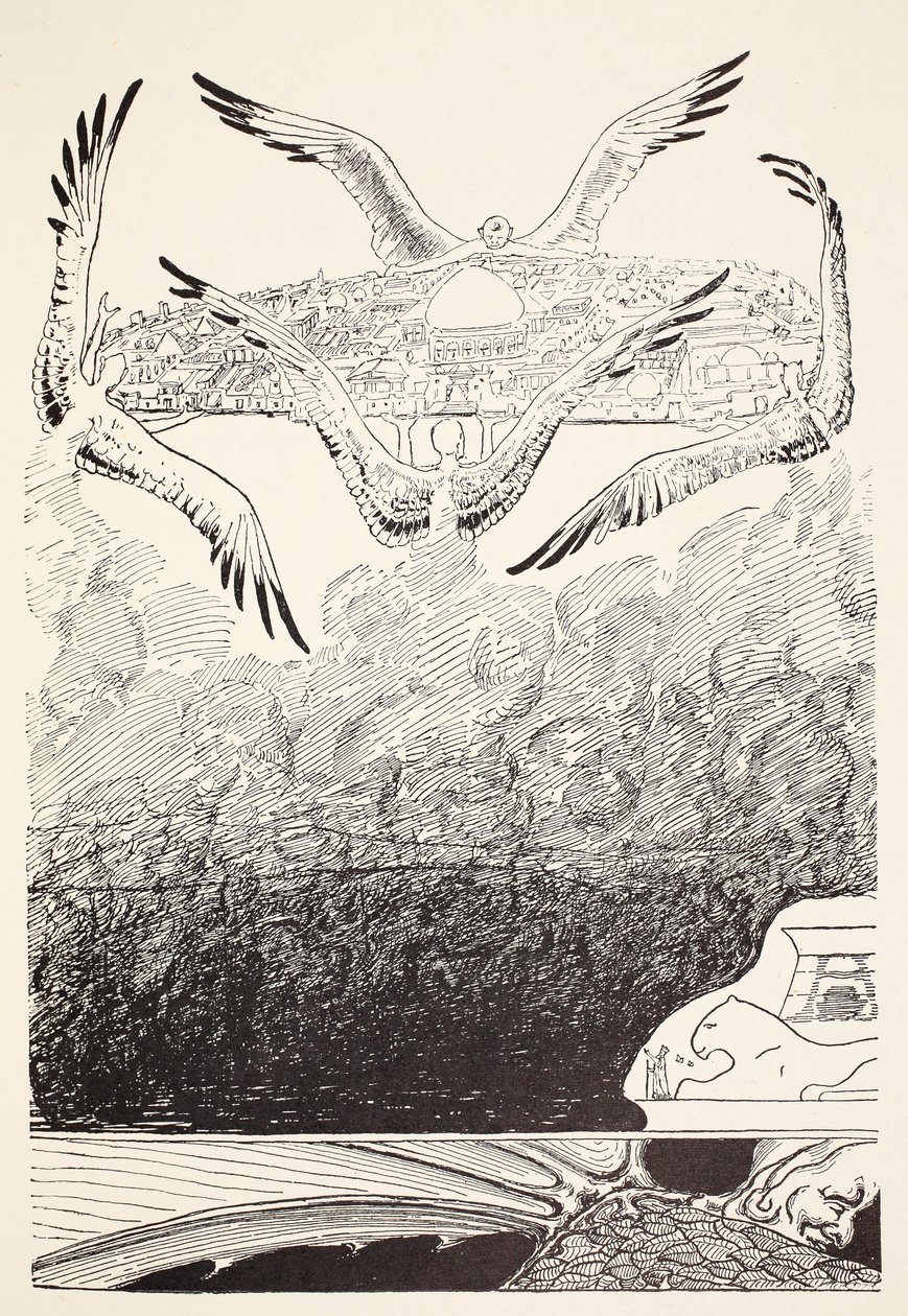 De fyra måsvingade djinnerna lyfter upp Suleiman-bin-Daouds palats precis efter att fjärilen stämplat, illustration från "Just So Stories for Little Children" av Rudyard Kipling, pub. Lon av Joseph Rudyard Kipling