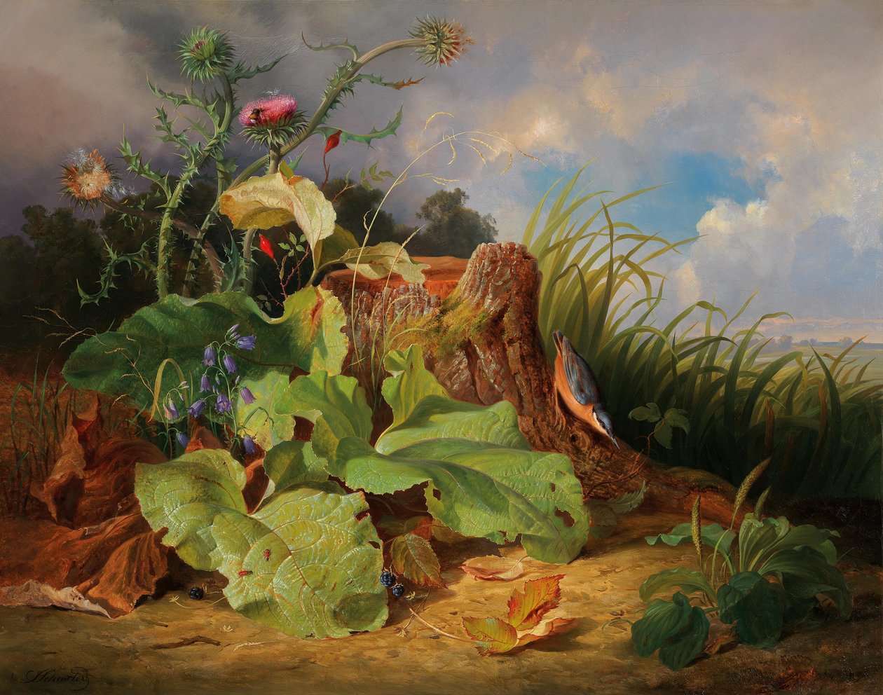 Stillleben mit Disteln, Glockenblumen, Hagebutten und einem Kleiber av Joseph Schuster