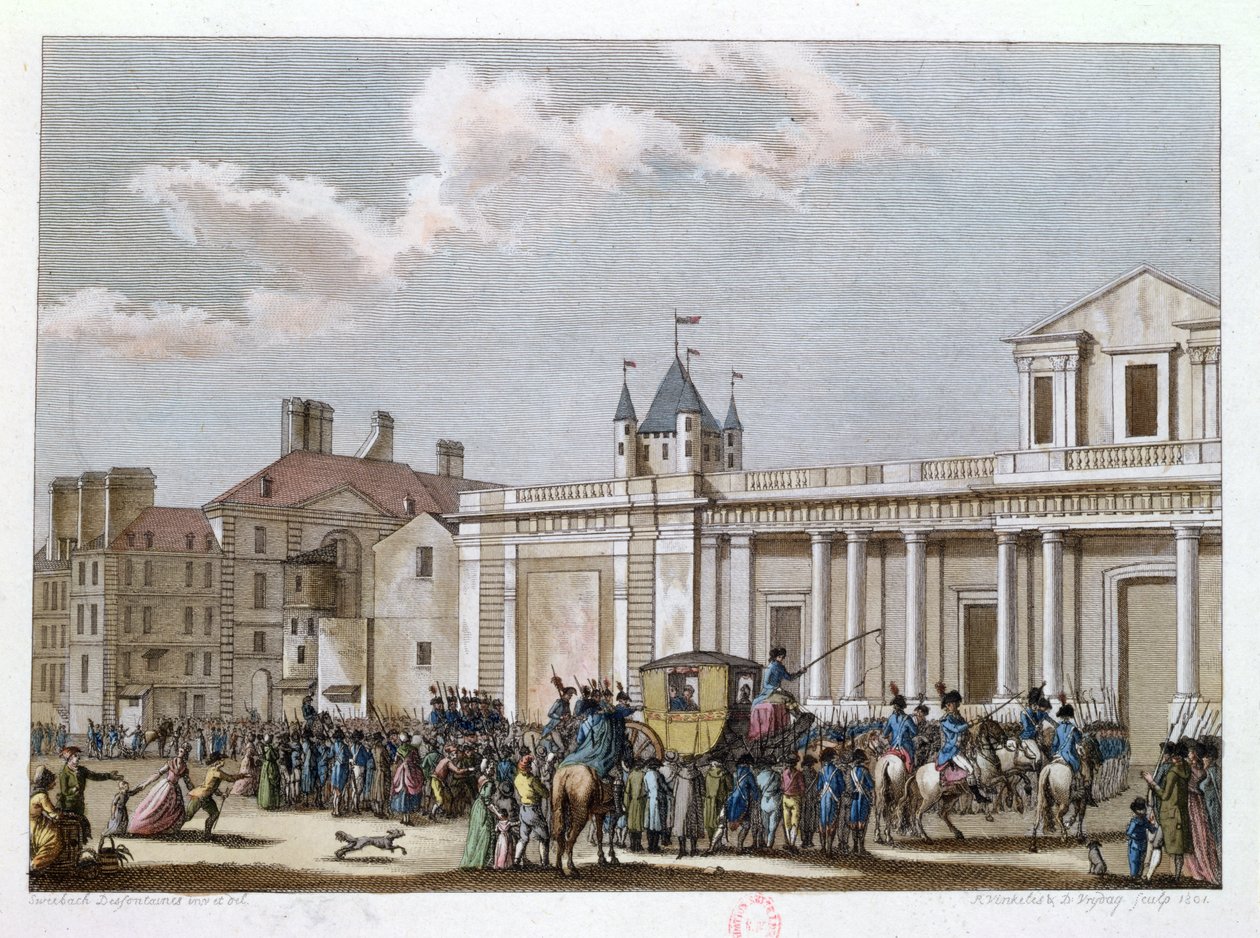 Ludvig XVI (1754-93) och hans familj tagen till templet, 13 augusti 1792, graverad av Reinier Vinkeles (1741-1816) och Daniel Vrydag (1765-1822) 1801 av Joseph Swebach Desfontaines