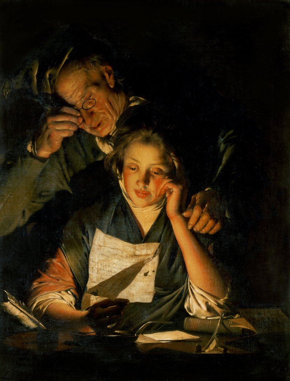 En flicka som läser ett brev, med en gammal man som läser över hennes axel, ca 1767-70 av Joseph Wright of Derby