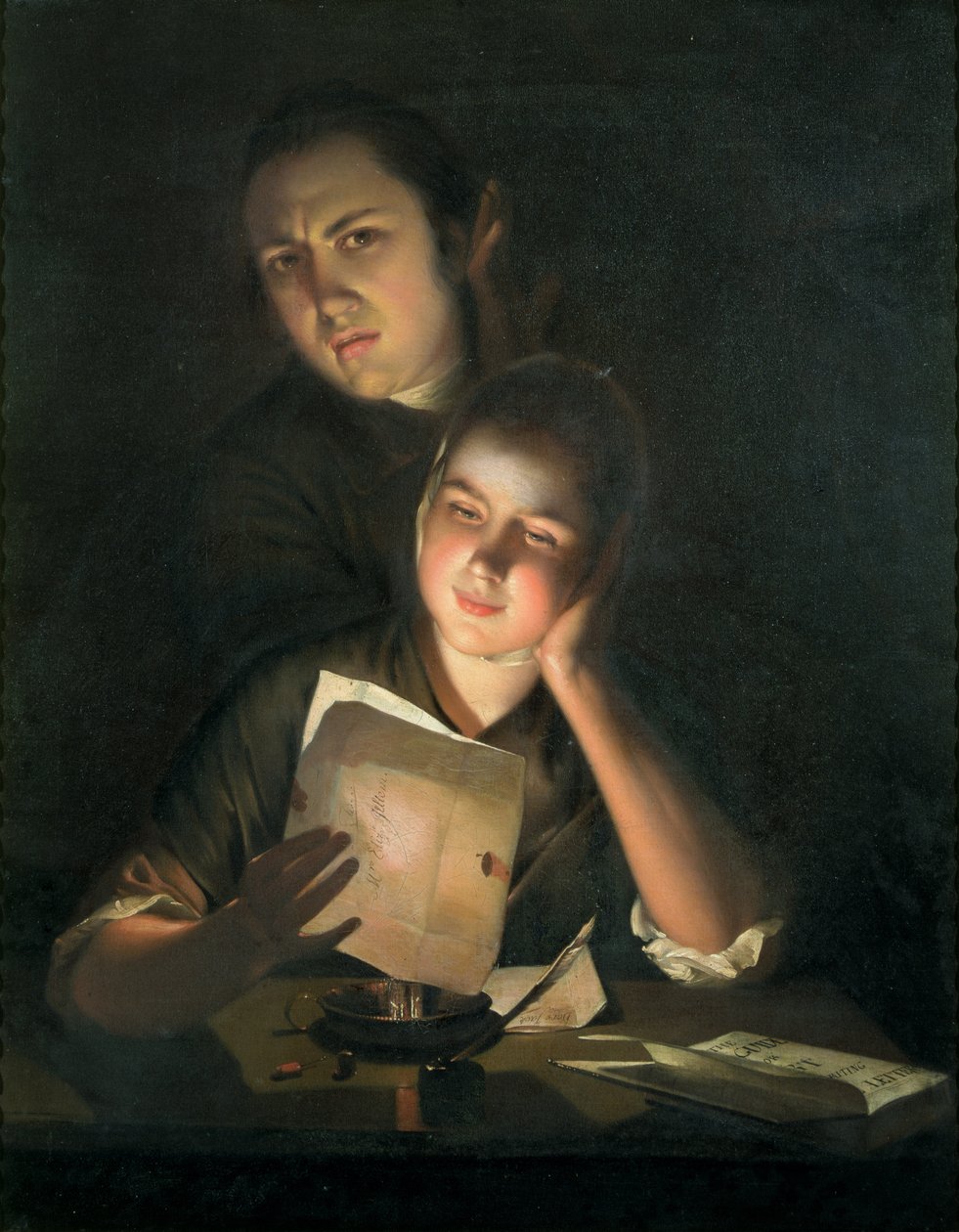 En flicka som läser ett brev i levande ljus, med en ung man som kikar över hennes axel, ca 1760-2 av Joseph Wright of Derby