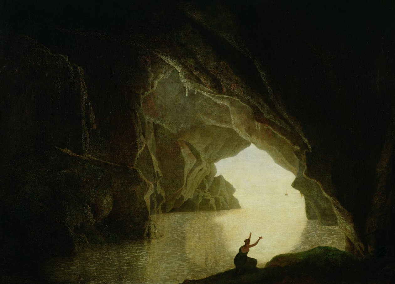 En grotta i Salernumbukten, med Julias gestalt, förvisad från Rom, exh. 1780 (par av 72365) av Joseph Wright of Derby