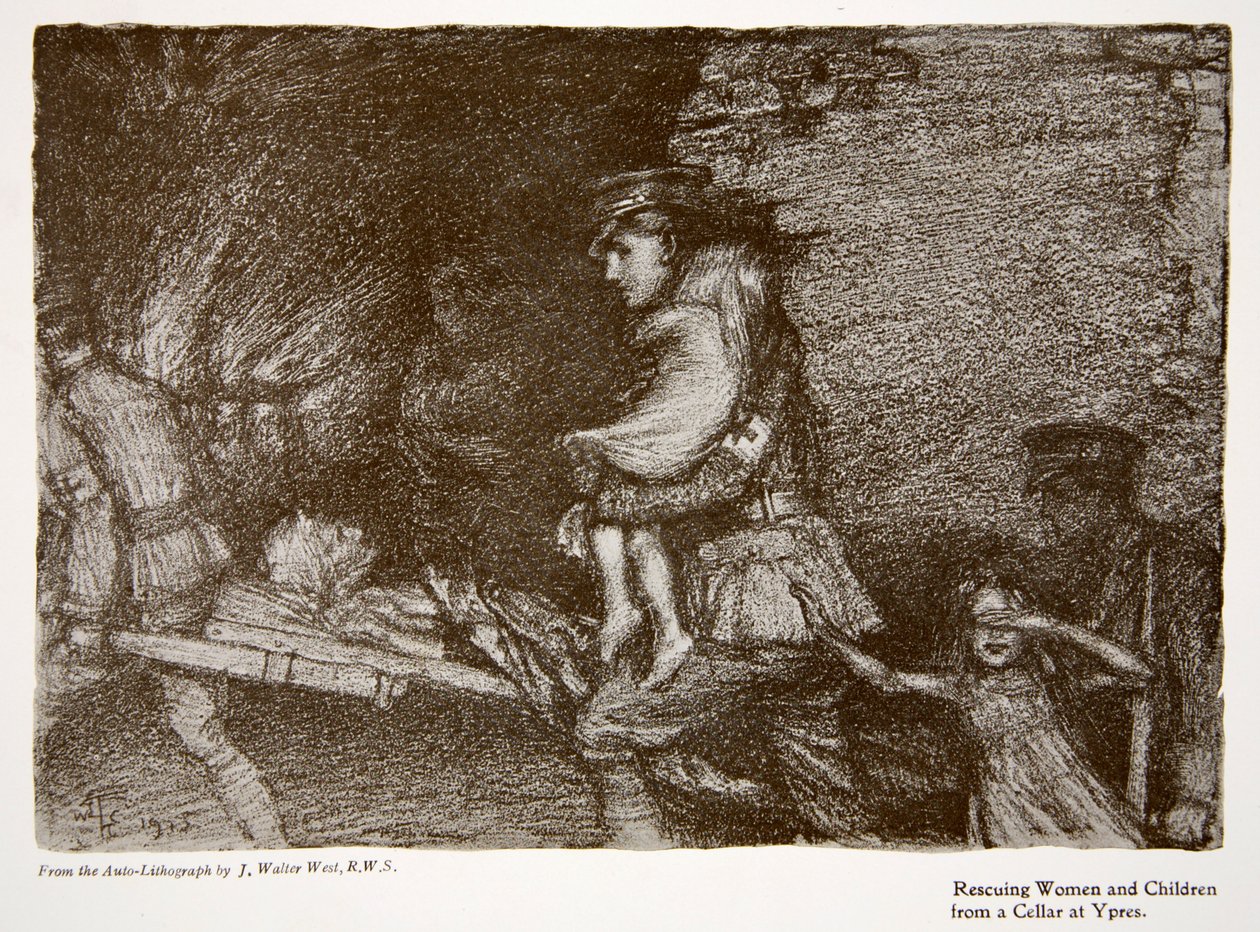 Räddning av kvinnor och barn från en källare i Ypres, från "The Year 1915: a Record of Notable Achievements and Events", 1915. av Joseph Walter West