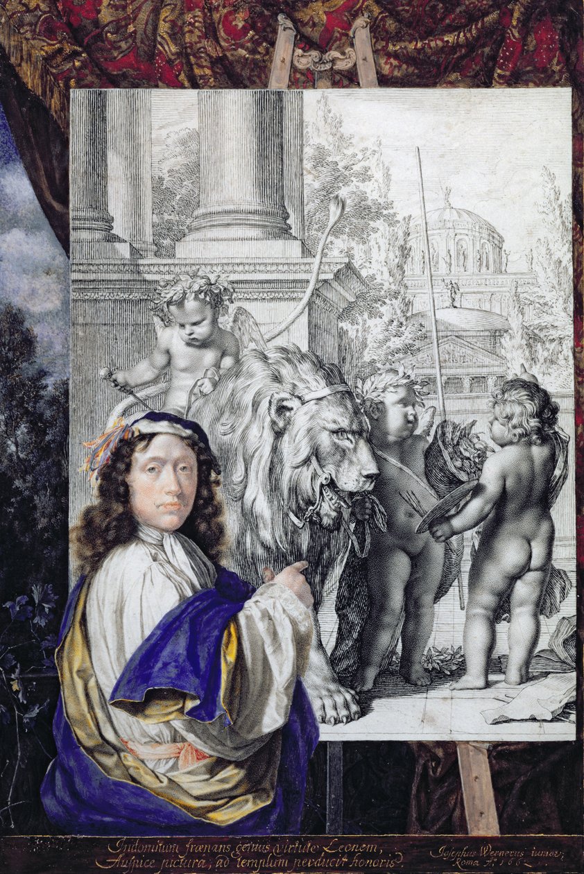 Självporträtt, 1662 (penna, bläck och wc på pergament) av Joseph Werner