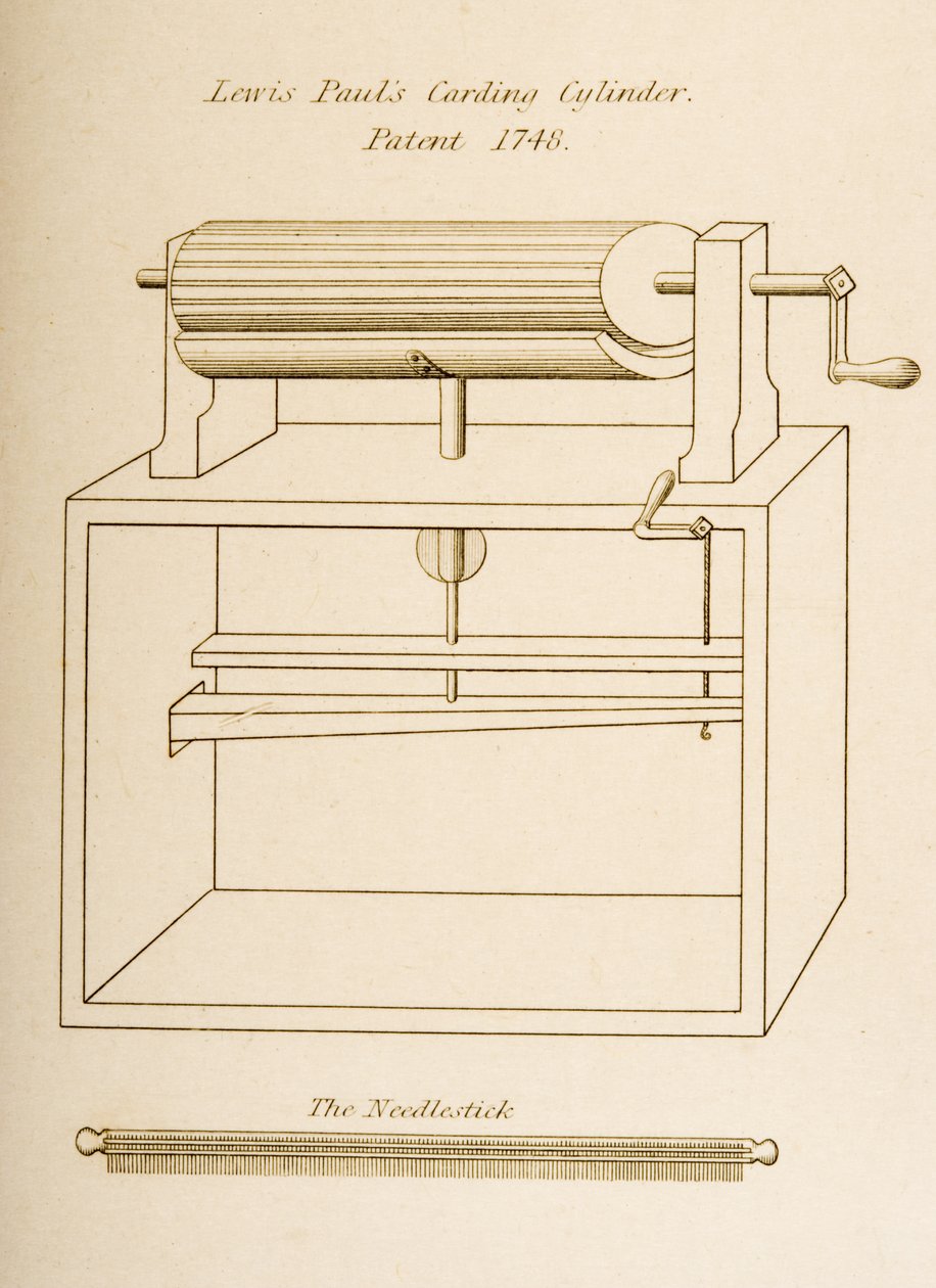 Ritning av Lewis Pauls kardningscylinder, patenterad 1748, ca 1830 (litografi) av Joseph Wilson Lowry