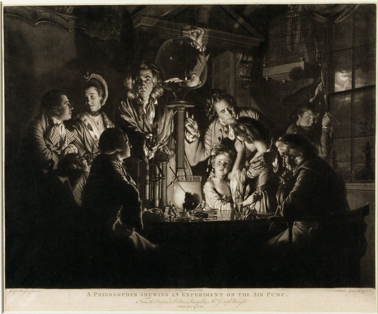 A Philosopher Shewing an Experiment on the Air Pump, graverad av Valentine Green (1739-1813) 1769 (mezzotint, repat brevprov) av Joseph Wright of Derby