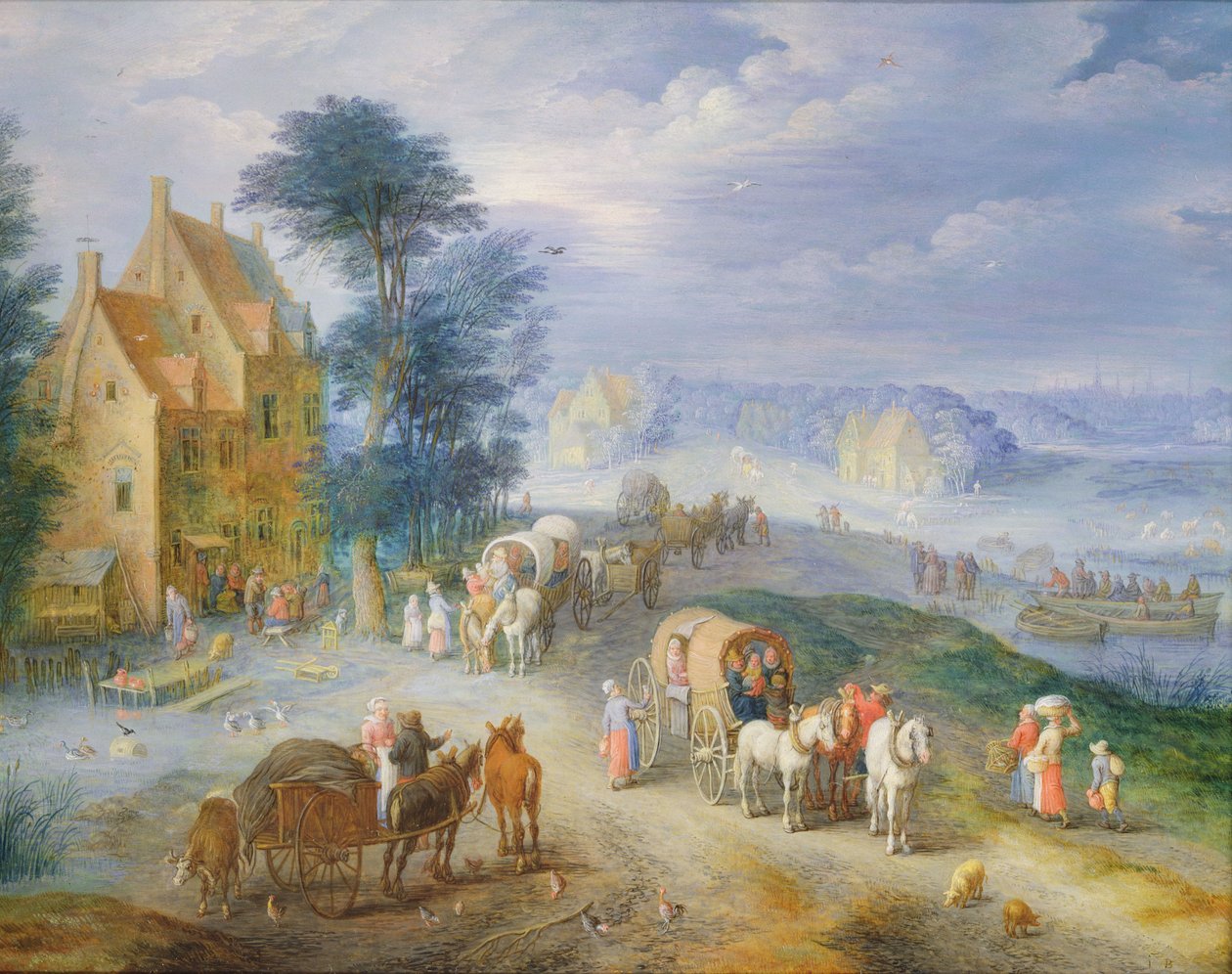 Landskap med bönder, vagnar och en färja (olja på koppar) av Joseph van Bredael