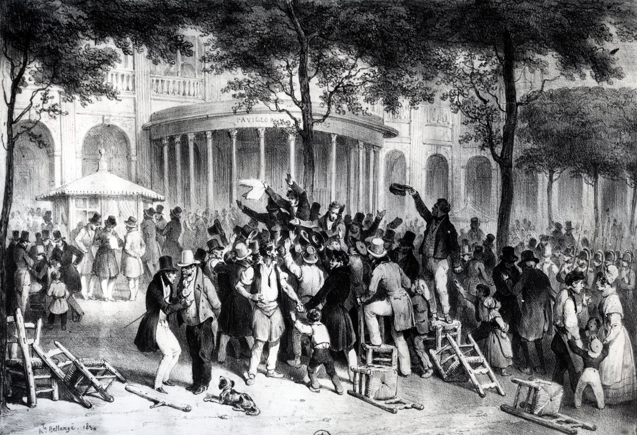 Läsning av domarna publicerade i Newspaper Moniteur i trädgårdarna på Royal Palace i Paris, 26 juli av Joseph Louis Hippolyte Bellange