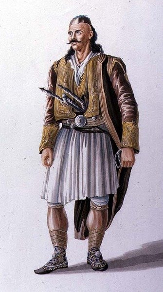 Kapten för Suliote albaner, illustration från Canto II av "Child Harolds pilgrimsfärd" av Lord Byron, graverad av Robert Havell & Son, pub. 1822 (färggravyr) av Joseph (after) Cartwright