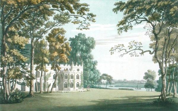 Huset, trädgårdarna och sjön vid Strawberry Hill, graverad av J.C. Stadler (fl.1780-1812), publicerad 1793 (färgad gravyr) av Joseph (after) Farington