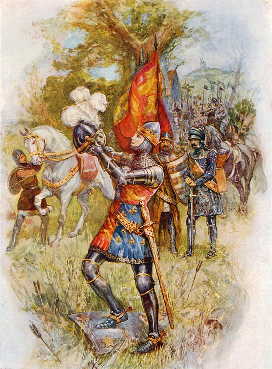 Edward, den svarte prinsen, vid slaget vid Crecy (färglitografi) av Joseph (after) Finnemore