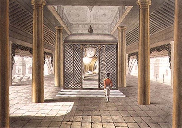 En soldat som står i ett Rangoon-tempel, graverad av George Hunt av Joseph (after) Moore