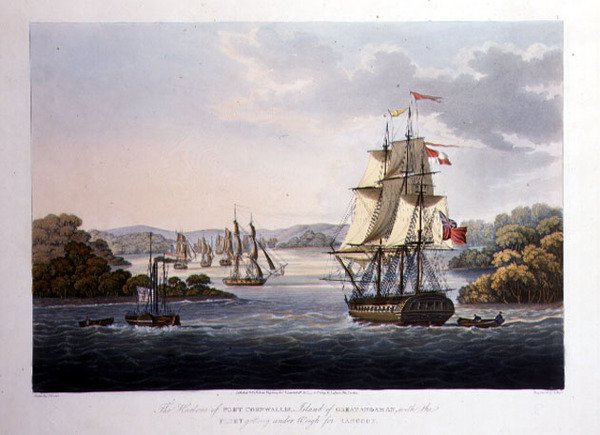 Hamnen i Port Cornwallis. Ön Stora Andaman, med flottan under vägning för Rangoon, graverad av G. Hunt, pub. av Kingsbury & Co., London av Joseph (after) Moore