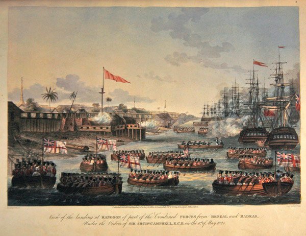Vy över landstigningen i Rangoon för en del av de kombinerade styrkorna från Bengalen och Madras, under order av Sir Archibald Campbell, den 11 maj 1825, graverad av Henry Pyall (1795-1833) 1825 (handfärgad akvatint) av Joseph (after) Moore