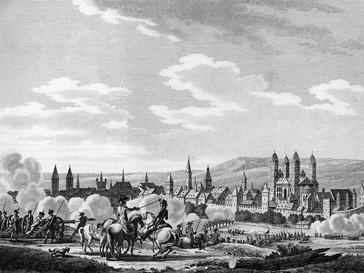Franska revolutionen och preussisk antirevolutionär rörelse: Erövring av staden Speyer (tyska Speyer) i oktober 1792, Tyskland. Gravyr av Berthaut efter Swebach. Paris, biblioteket vid Institutet för revolutionshistoria av Joseph (after) Swebach Desfontaines
