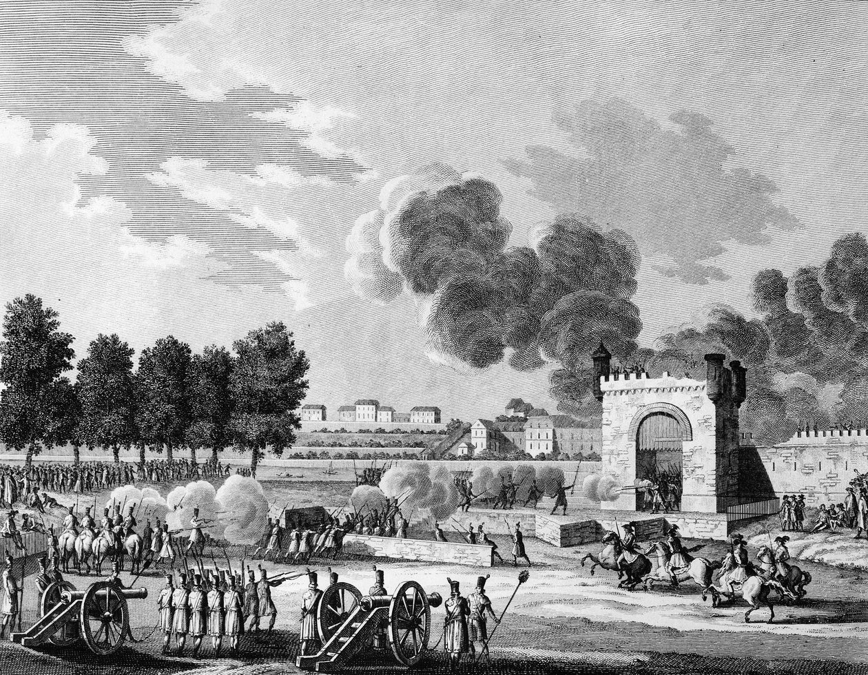 Franska revolutionen: Republikansk fete des victoires, kamp mellan unga studenter vid Champs de Mars i Paris den 21 oktober 1794. Gravyr av Malapeau efter Swebach - Desfontaines. Paris, biblioteket vid Institutet för revolutionshistoria av Joseph (after) Swebach Desfontaines