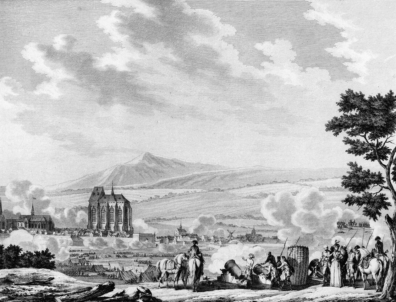 Franska revolutionen och ankomsten av den österrikiska arméns kontrarevolutionära styrkor: Bombardement av staden Lille (25 september av Joseph (after) Swebach Desfontaines