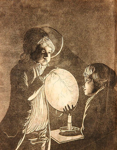 Two Boys Blowing a Bladder by Candlelight, akvatinterad av Peter Perez Burdett (1735-93) (akvatint) av Joseph (after) Wright of Derby