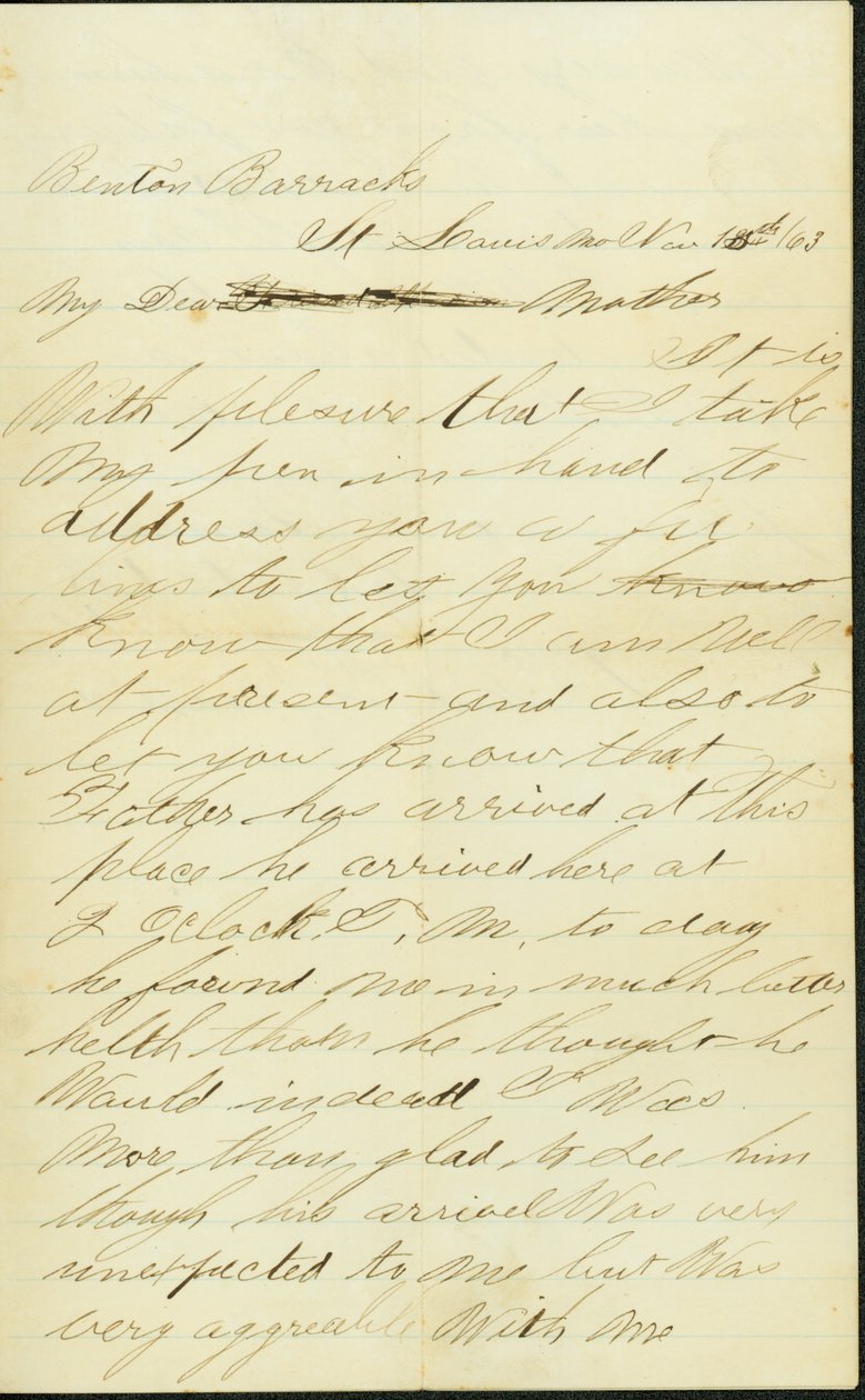 Letter signed Joseph A. Fardell, Benton Barracks, St. Louis, Mo., to Mother, November 12, 1863 av Joseph A. Fardell