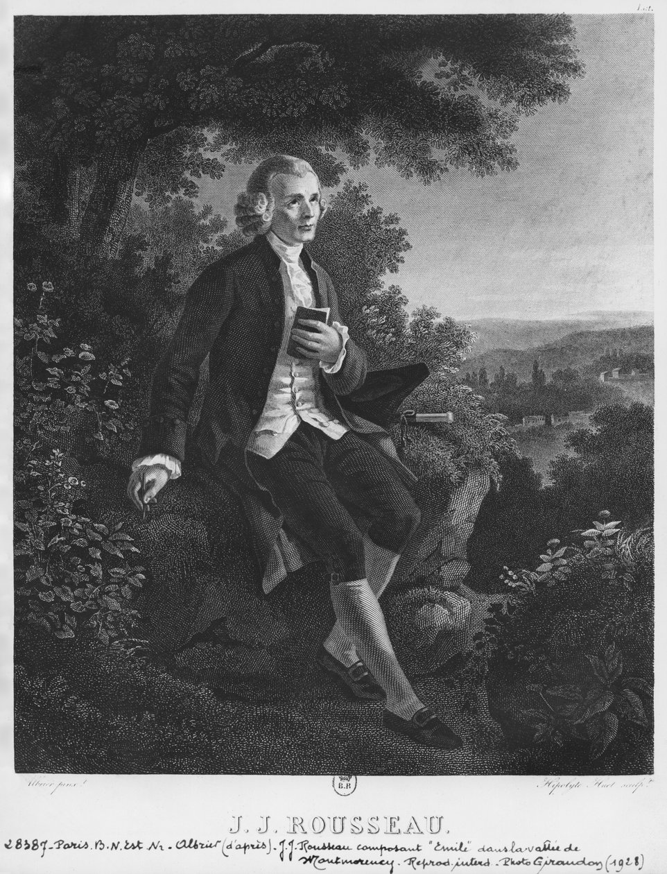 Jean-Jacques Rousseau komponerar "Emile" i Montmorency-dalen, graverad av Hippolyte Huet (1800-talet) av Joseph Albrier