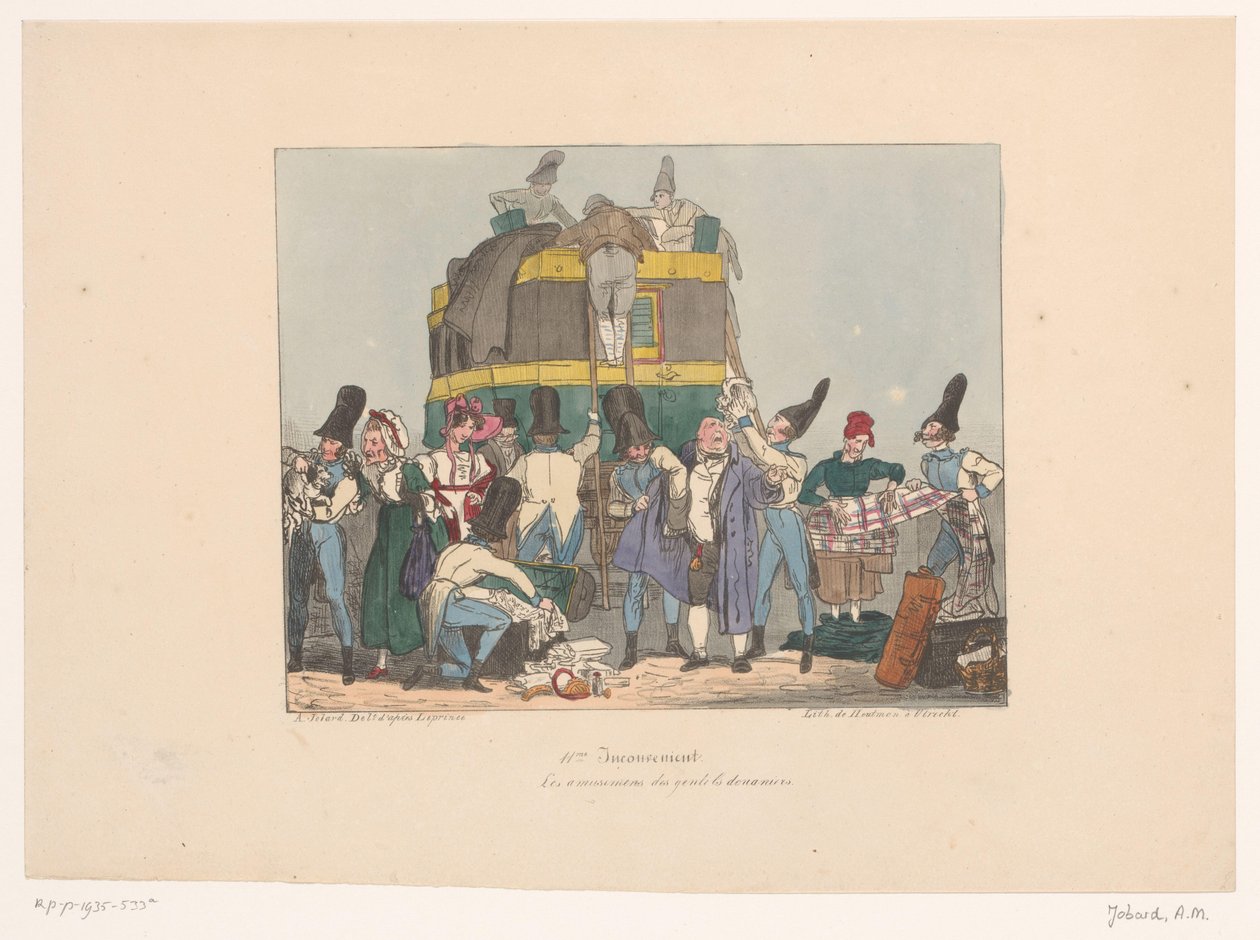 Tulltjänstemän inspekterar passagerarnas tillhörigheter Les amusements des gentils douaniers (titel på objekt) Obehag (serietitel) Obekvämt (serietitel på objekt) av Joseph Ambroise Jobard