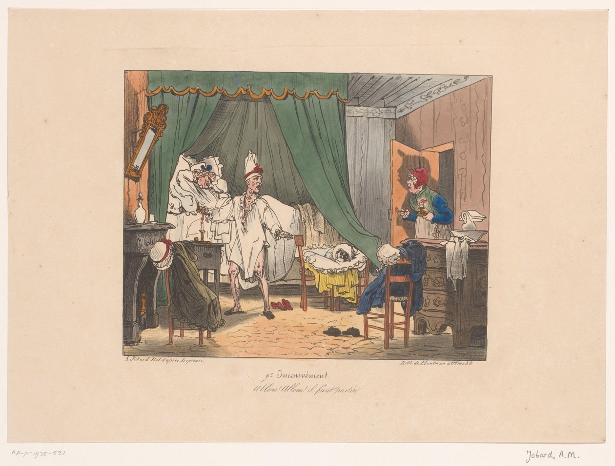 Hotellvaktaren skickar damen och herren ut ur rummet Allons! Allons! il faut partir (titel på objekt) Obehag (serietitel) Obekvämt (serietitel på objekt) av Joseph Ambroise Jobard