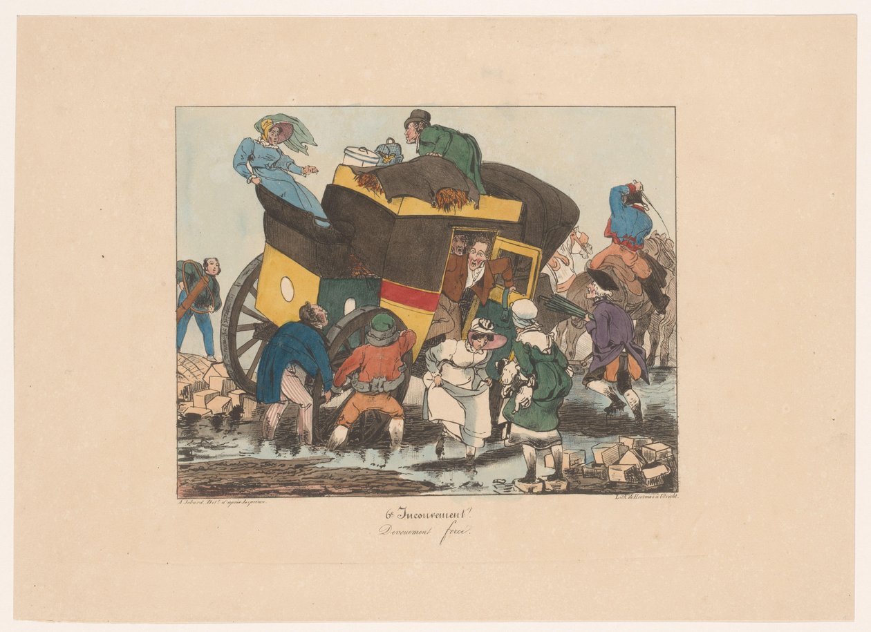 Omnibus med passagerare har fastnat i leran Dévouement force (titel på objekt) Obehag (serietitel) Obekvämt (serietitel på objekt) av Joseph Ambroise Jobard