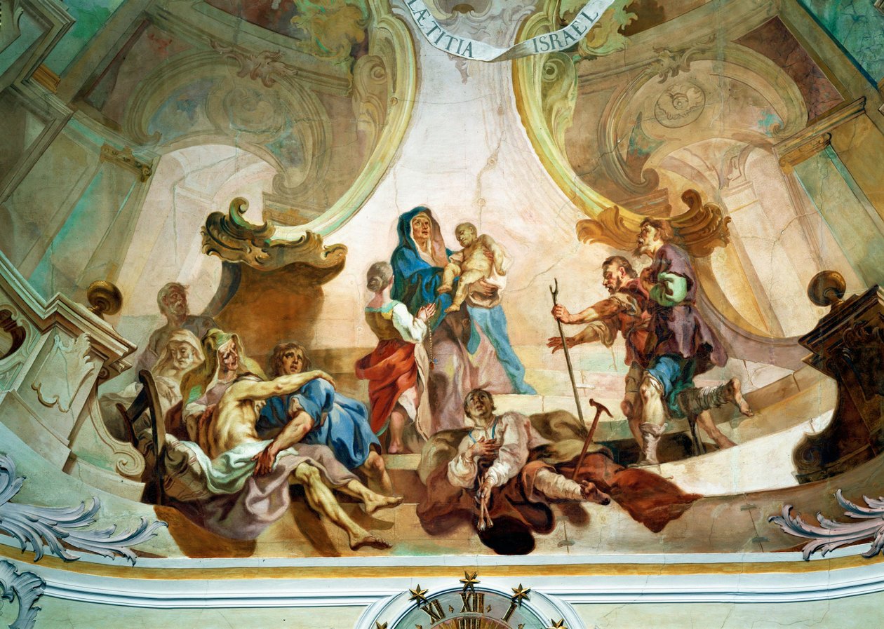 Takfresk i Birnau-kyrkan: direkt under herdarnas tillbedjan, ett självporträtt av konstnären med ett bandagerat ben ... (fresk) av Joseph Anton (1696 1770) Feuchtmayer