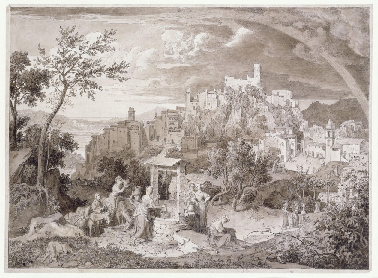 Utsikt över staden Olevano, provinsen Rom, Italien, med regnbågen av Joseph Anton Koch