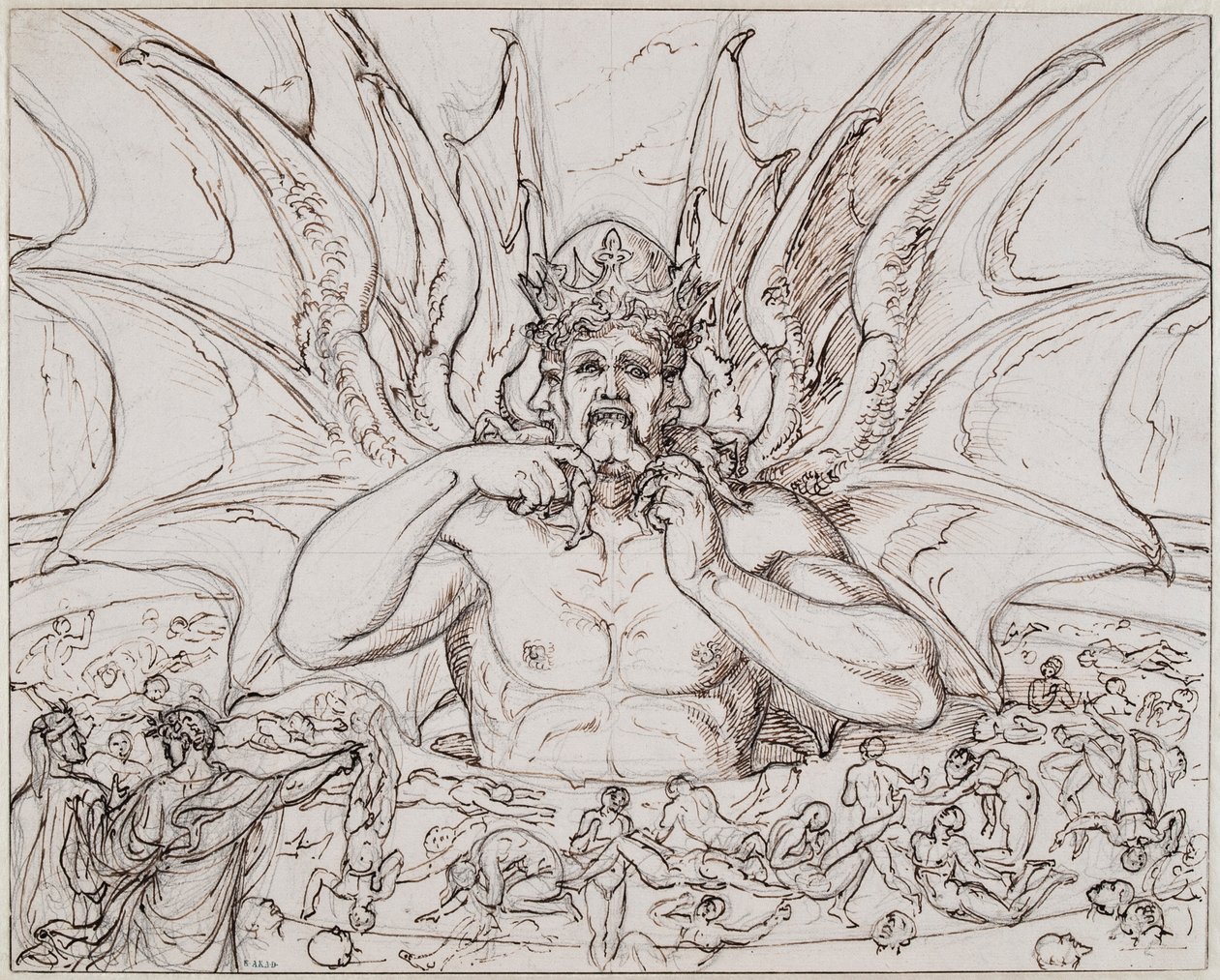 Lucifer i helvetets centrum. Illustration till den gudomliga komedin av Dante Alighieri, ca 1803. av Joseph Anton Koch