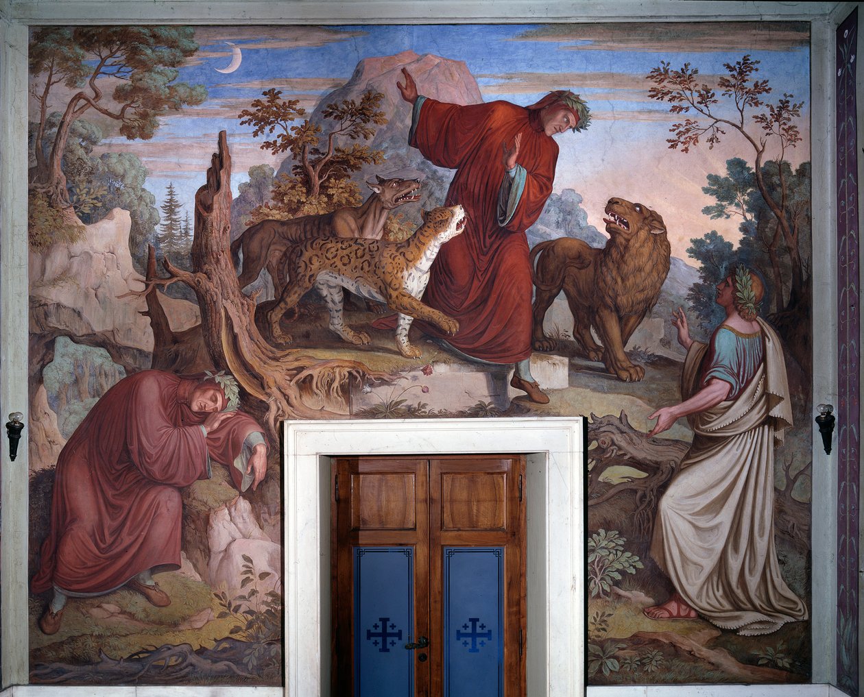 Representation av Dante och Vergilius, från Dantes The Divine Comedy - Detalj - Fresco av Joseph Anton Koch