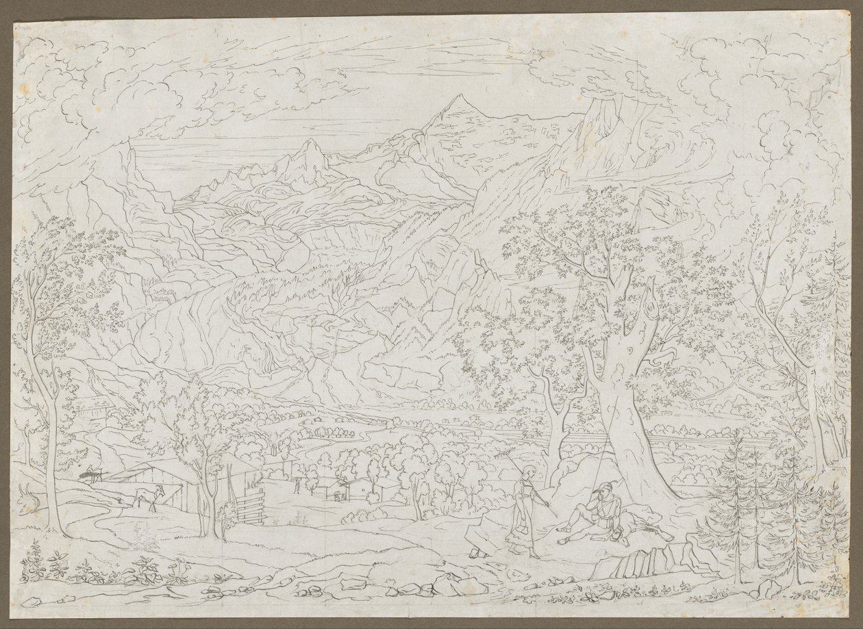 Grindelwaldglaciären med jägare och bondflicka i förgrunden, ca. 1823. av Joseph Anton Koch