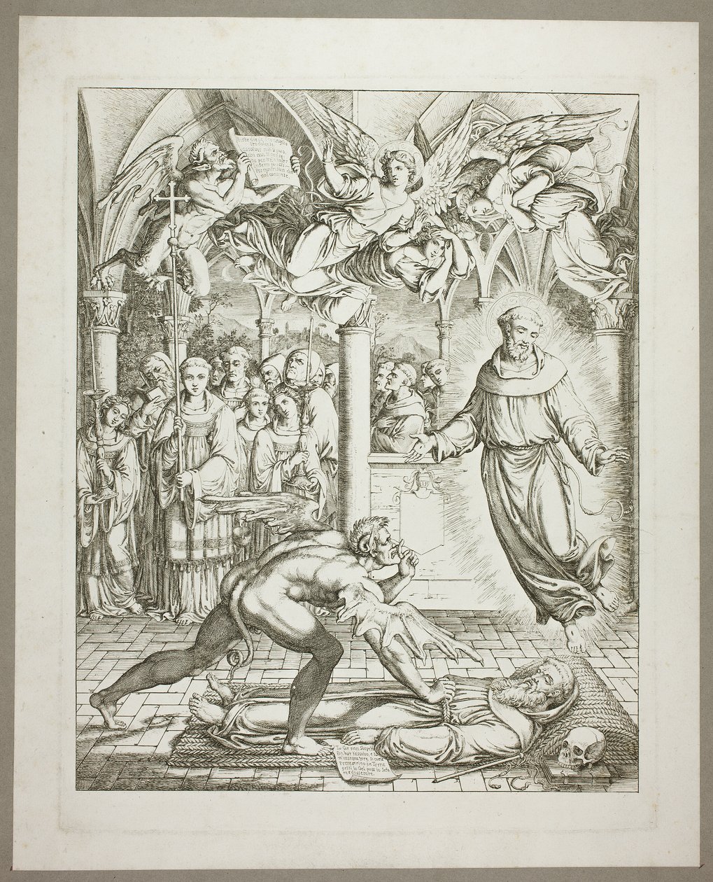 Kampen mellan djävulen och Franciskus av Assisi om Guido da Montefeltros själ, plansch tre ur Darstellungen aus Dante