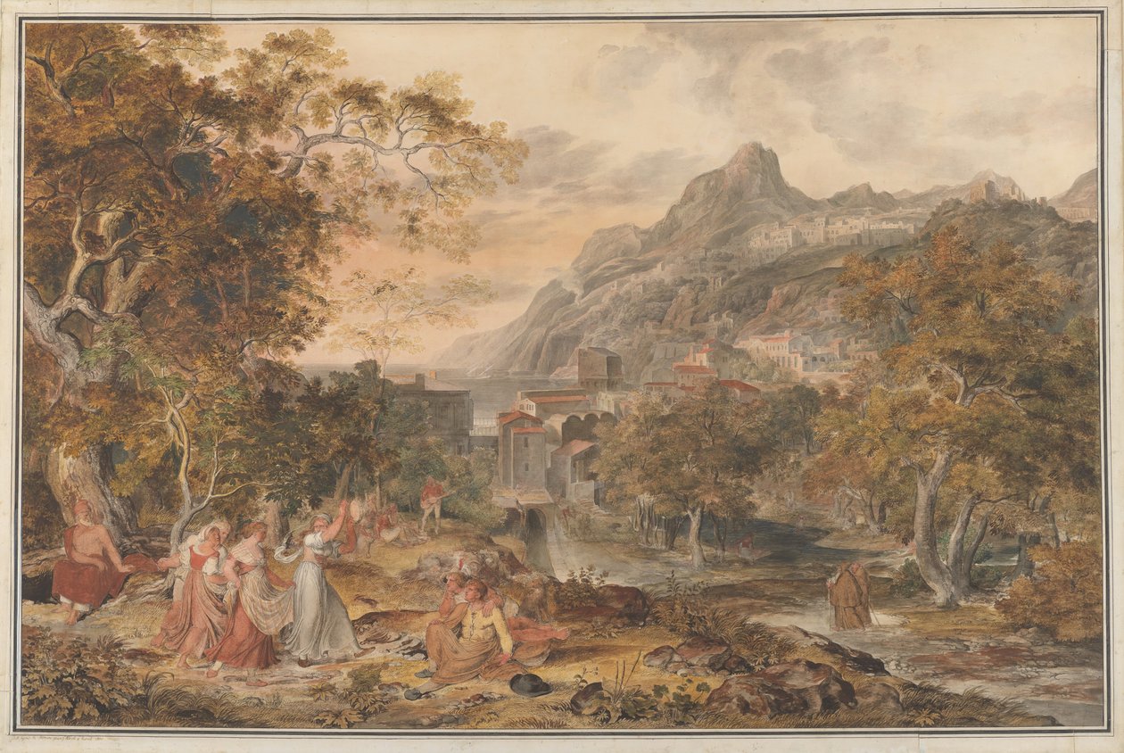 Utsikt över Vietri med unga lantkvinnor som dansar för herdar i förgrunden, 1800. av Joseph Anton Koch