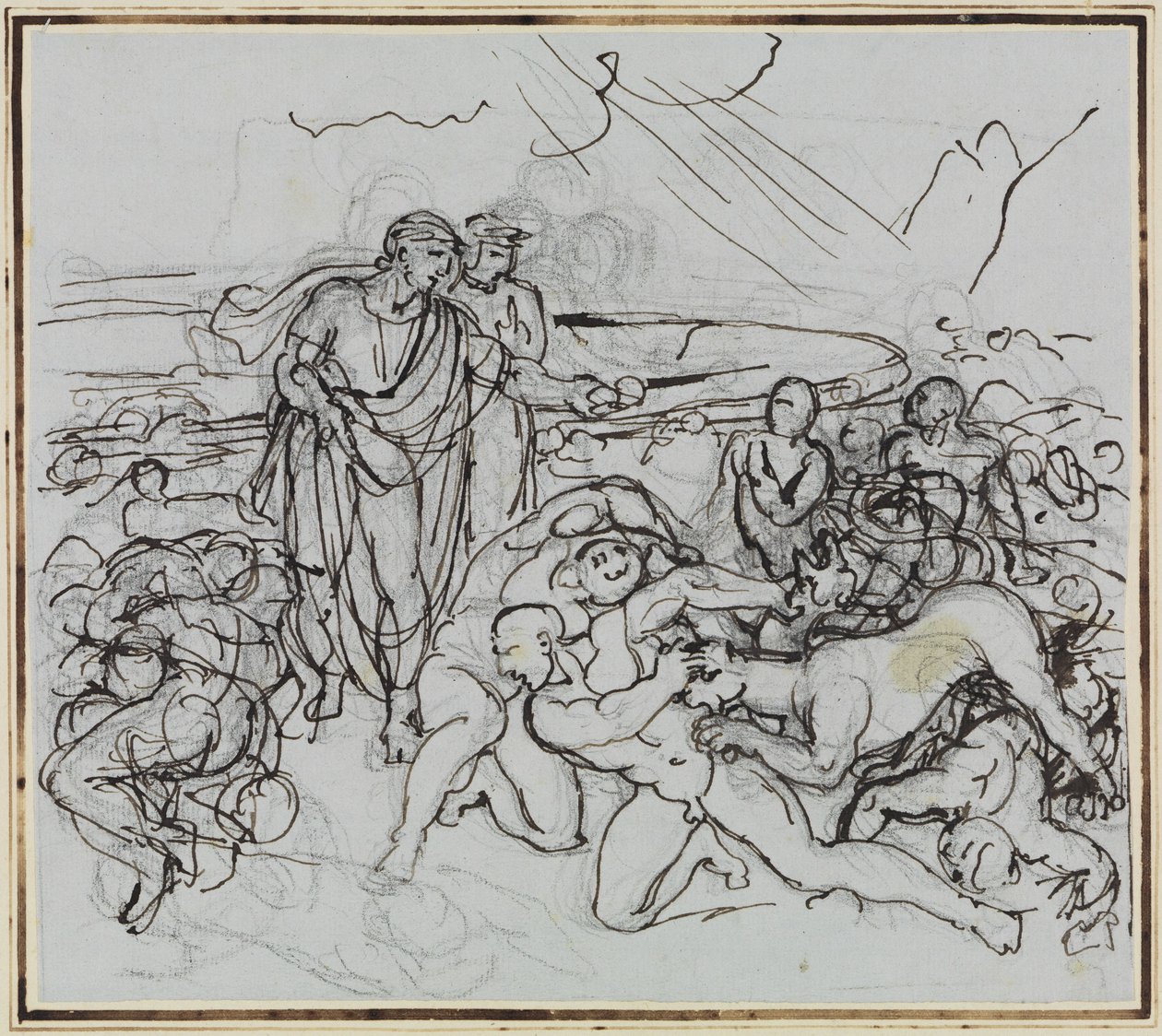 Vergilius lugnar Kerberos (Dantes Inferno, sång 6, vers 13) av Joseph Anton Koch