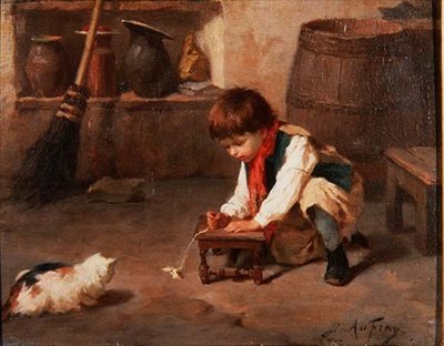 Leker med kattungen (panel) av Joseph Athanase Aufray