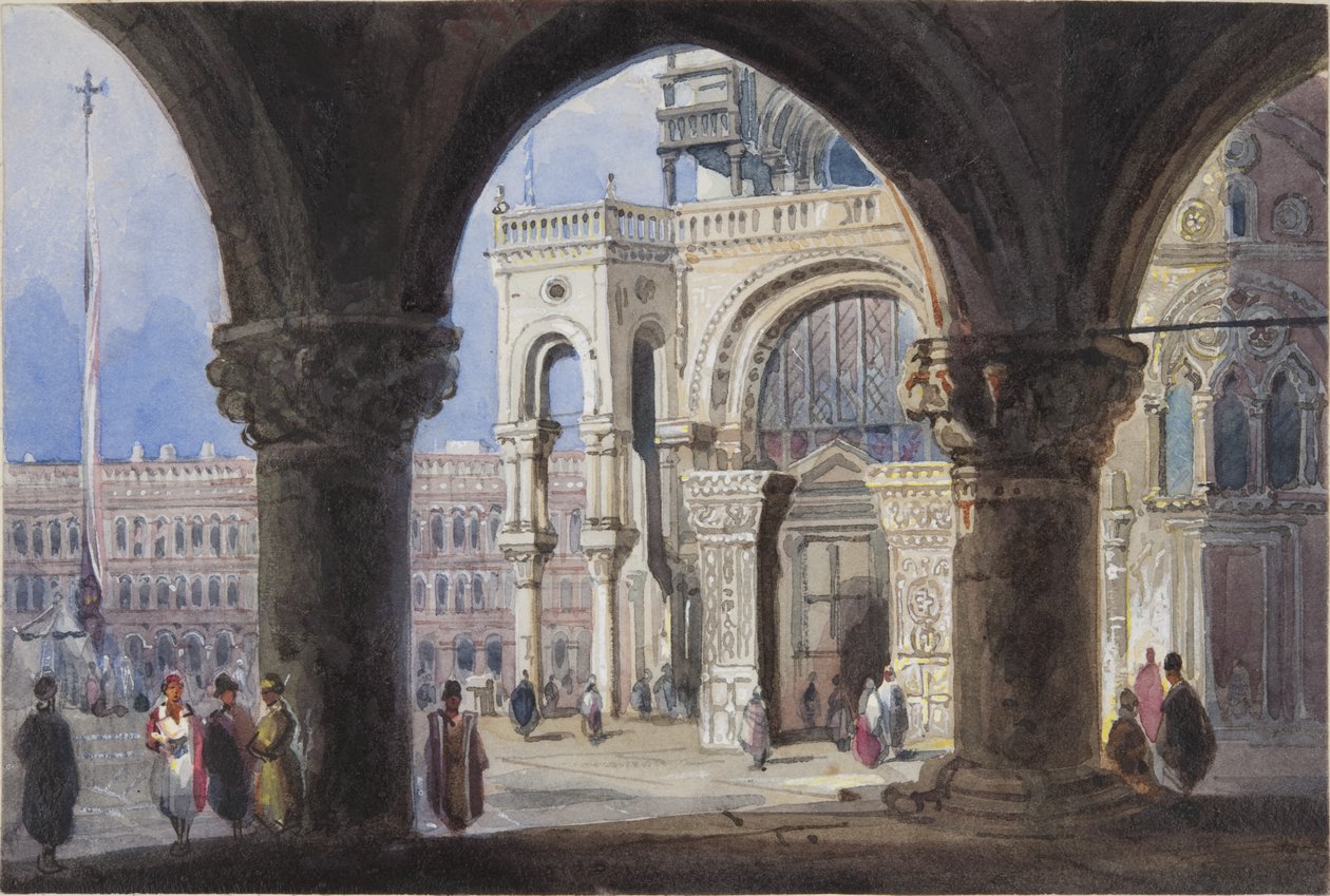 Kyrkan och Piazza San Marc i Venedig, inklistrad i Thomas Moodys Journal of a tour through Schweiz and Italy, 1822 (wc på papper) av Joseph Axe Sleap