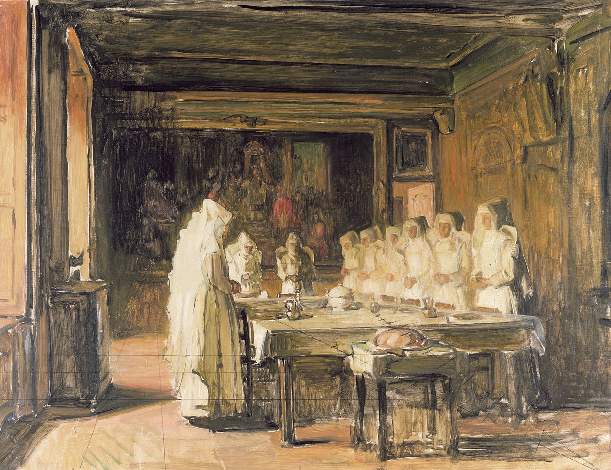 The Sisters of the Hospice de Beaune Saying Grace, sent 1800-tal av Joseph Bail